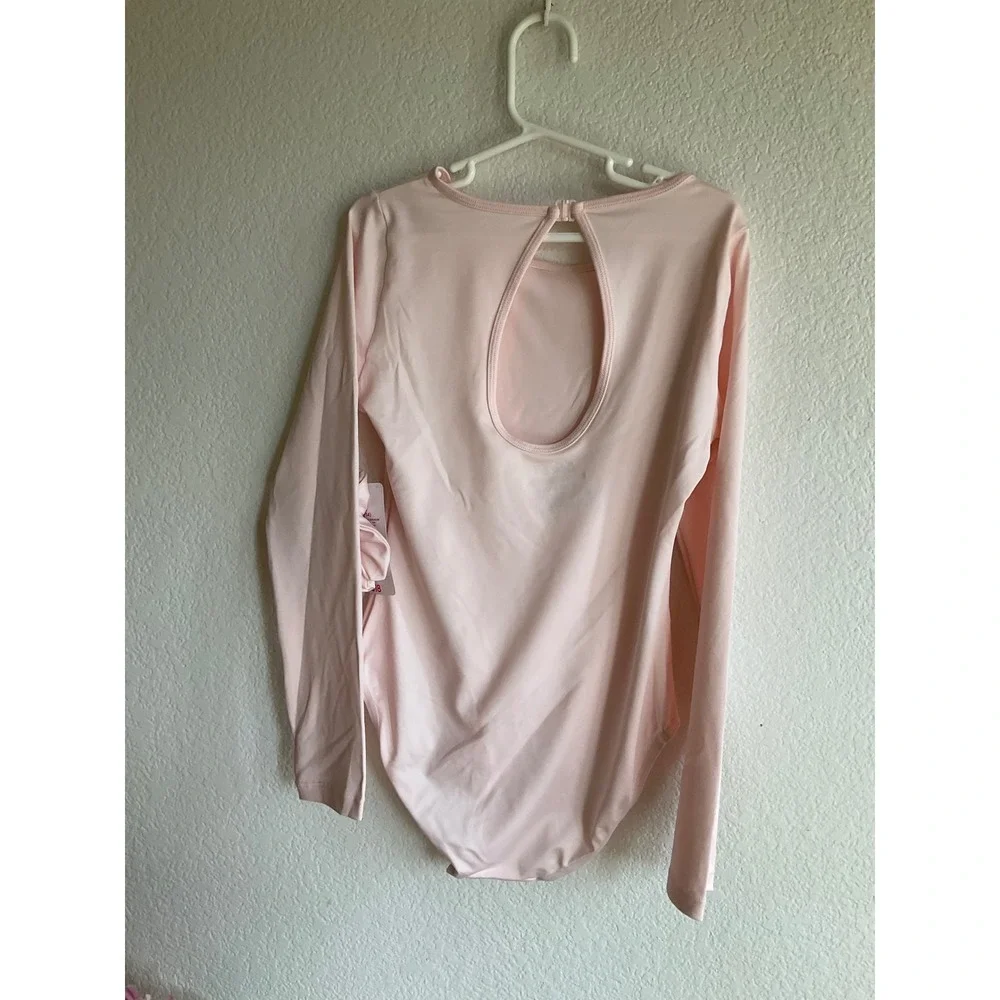 Justice Girls Pink Long Sleeve Leotard with Scrunchie Size L 12/14‎ Mesh Keyhole